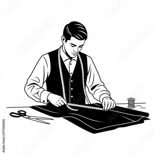 Tailor meticulously measuring and cutting fabric for garment creation.