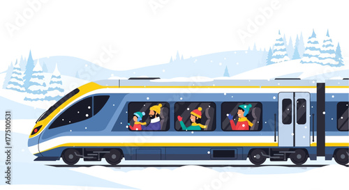 Passengers enjoying a scenic winter train journey through a snowy landscape, a modern locomotive transporting travelers in comfort and style