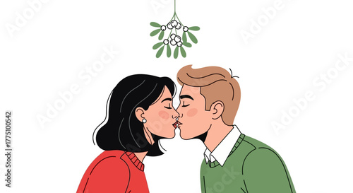 Romantic illustration of a cheerful young couple sharing an affectionate kiss under festive mistletoe, symbolizing love, joy, and holiday spirit