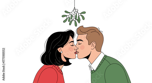Romantic Kiss Under the Mistletoe A Festive Illustration of Love and Holiday Traditions
