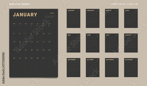 2026 Calendar Planner Set of new Template 12 Monthly Page for Corporate or Personal use. Vector layout grid vertical of wall or desk organizer - black dark color. Week start Monday for print. Pages A4