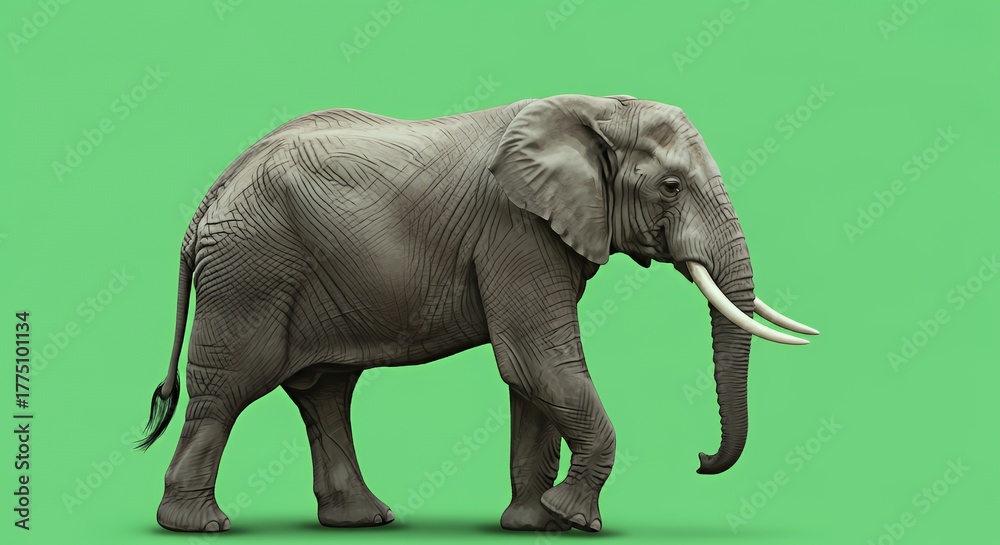 Fototapeta premium Realistic Gray Elephant Standing on Green Background with Natural Lighting