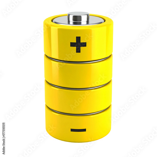 Yellow cylindrical object with positive and negative symbols. Metallic top and base