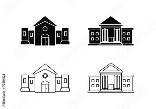 Four different architectural building styles collection - Vector icon symbol for website - Icon vector - Blue icon vector - Line and glyph solid icon set