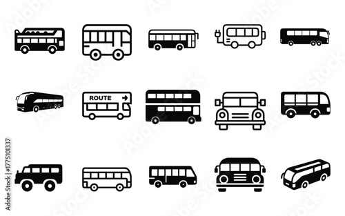 Collection of diverse bus icons representing public transportation and travel options