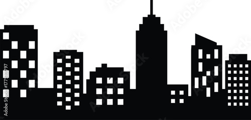 City skyline silhouette, minimalist cityscape, modern buildings, black and white urban design, downtown architecture, skyscrapers illustration, metropolitan horizon