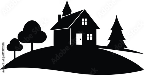 House Landscape Silhouette Vector Illustration. Sunset House Silhouette Landscape Vector Art