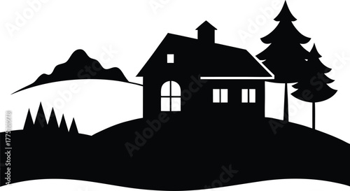 House Landscape Silhouette Vector Illustration. Sunset House Silhouette Landscape Vector Art