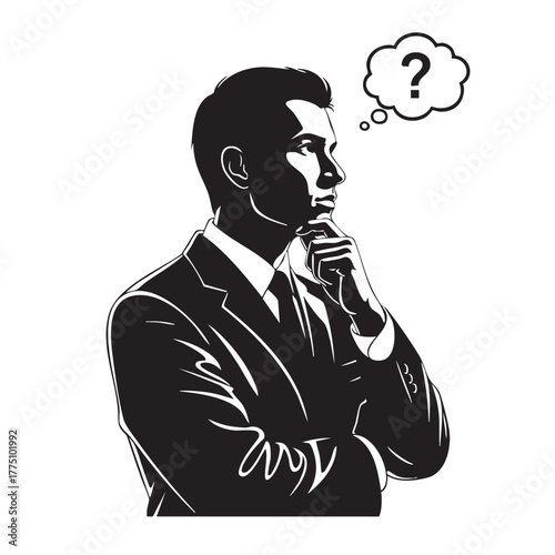 Businessman Thinking Question Mark Over Head Black White Thought Bubble Sketch Vector Illustration