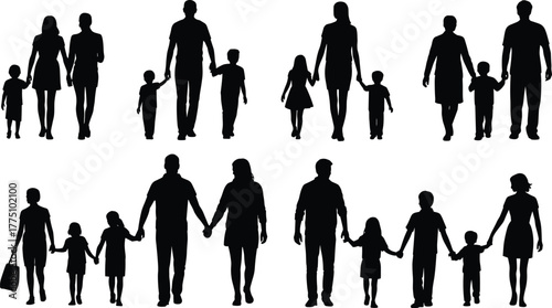 Collection of family silhouettes, parents and children walking together, family love, unity, parenting, togetherness, bonding, support, care, happiness