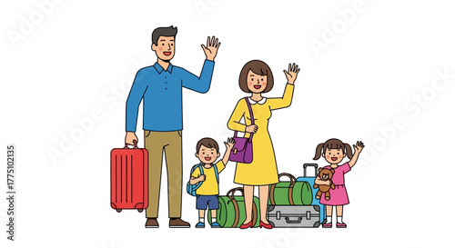 Family travel waving with luggage vector illustration for vacations, holidays, and trips