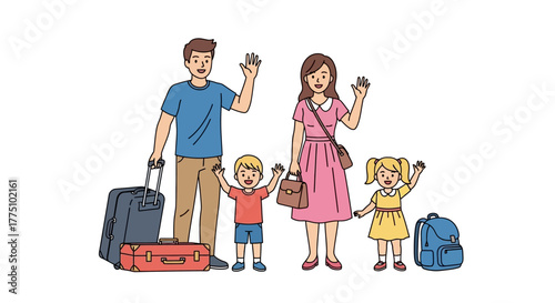 Cheerful family waving goodbye, prepared for an exciting vacation trip or journey, holding luggage and a backpack, illustrated characters on white background