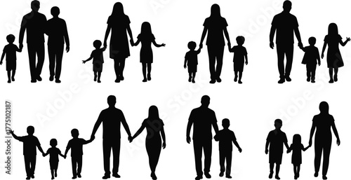 Collection of family silhouettes, parents and children walking together, family love, unity, parenting, togetherness, bonding, support, care, happiness