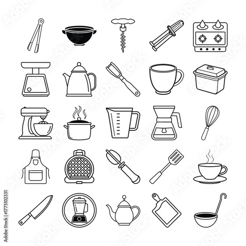 Kitchen Utensils and Cookware Line Icons Set for Home Cooking and Culinary Concepts