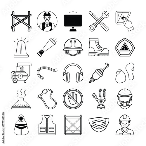 Industrial Safety and Worker Protection Line Icons Collection for Construction and PPE