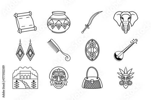 Ancient Indian Culture Objects Set Traditional Decorative Elements Historical Artefacts Line Art