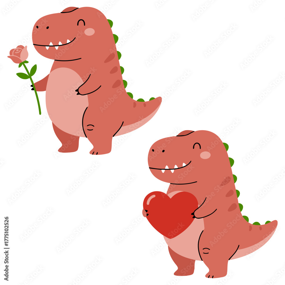 Obraz premium Valentine Dinosaur Set – Cute Dinosaurs Holding Rose and Heart. Flat Vector Illustration