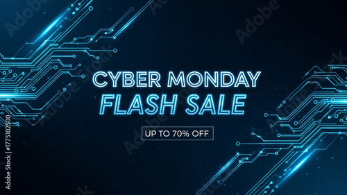 Cyber Monday flash sale up to 70% off graphic with luminous blue elements and grid layout, suitable for online ads, email campaigns and website headers  Ecommerce Innovation Marketing