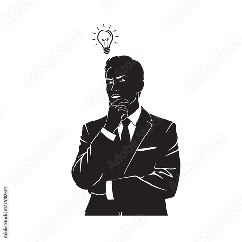 Businessman Thinking Light Bulb Idea Above Head Black White Creative Solution Concept Vector