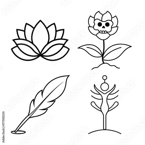 Set of spiritual well-being concept icons. Lotus flower, skull flower, quill, abstract human figure line art