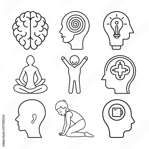 Set mental wellness outline icons. Brain, head with gears, human in meditation, yoga, positive mind concept