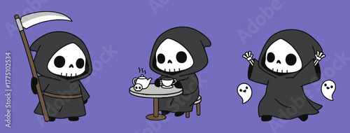 Cute Grim Reaper Set – standing, Drinking Coffee and Dancing with Ghost. Flat Vector Illustration