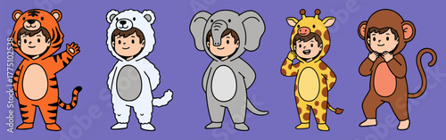 Canvas Print Kids Set – Children in Monkey, Giraffe, Elephant, Tiger and Polar Bear Costumes