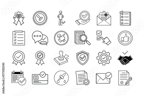 Checkmark approval and quality assurance line icons. Certification, trust, accepted, verified, confirmed set