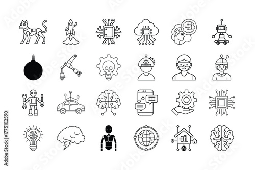 Artificial intelligence and technology line icons set. Outline vector illustrations of robots and AI concepts