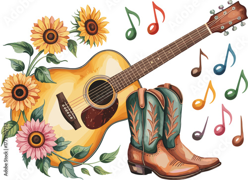Country music illustration, acoustic guitar, cowboy boots, sunflowers, watercolor art, rustic decor, musical notes, western charm, Nashville style