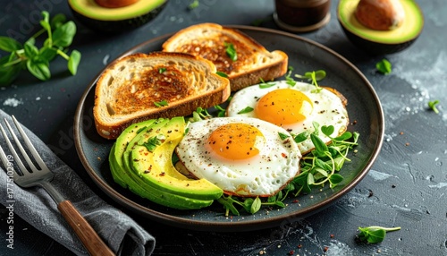 A Hearty Breakfast Plate with Golden Fried Eggs Sliced Avocado and Toasted Bread Drizzled With Fresh Herbs and Seasoning on a Dark Slate Surface