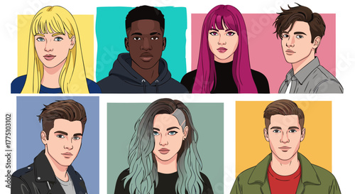Collection of diverse young adult portraits. Set of modern flat vector illustrations of male and female faces for user avatars