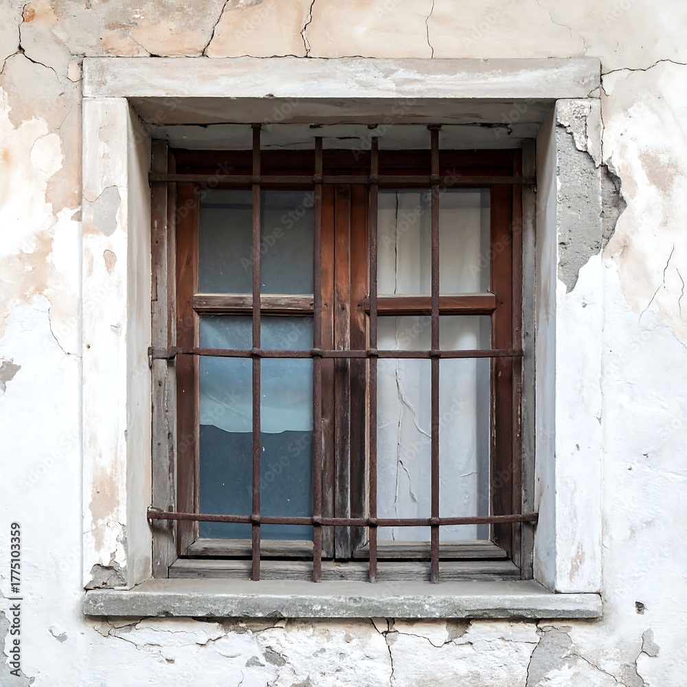 Fototapeta premium An aged wooden window with iron bars and peeling plaster surrounding it