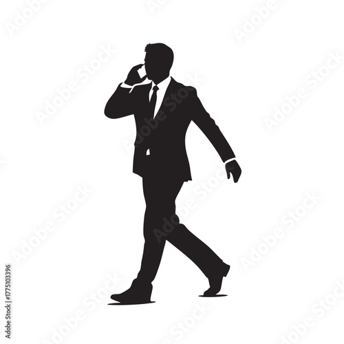 Businessman Walking Talking on Mobile Phone Profile Silhouette Professional Male Executive Commuting Vector Illustration Black and White Graphic