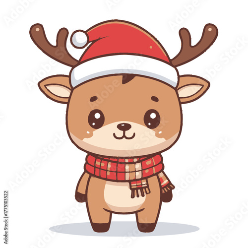 Cute Christmas Reindeer in Santa Hat and Scarf Illustration