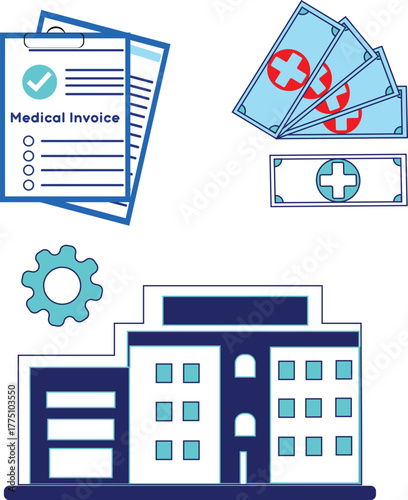 Vector illustration of a hospital building, medical invoices, and healthcare payment bills — representing medical finance, hospital management, and healthcare cost concept.