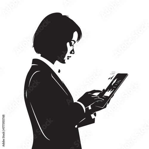 Business woman silhouette using digital tablet browsing internet financial data working on portable device side profile view isolated vector illustration