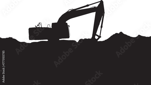Excavator working on construction site in silhouette vector