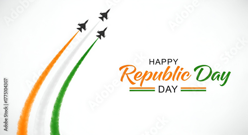 Happy Republic Day greeting card design with fighter jets flying overhead leaving smoke trails in the Indian tricolor a patriotic vector illustration symbolizing national pride and air force power