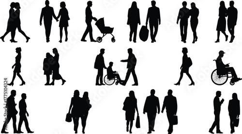 Collection of fifteen black silhouettes of people walking, families, couples, and wheelchair users, diverse human life illustration set