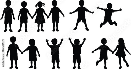 Children silhouettes, kids playing illustration, childhood friendship art, happy jump vector, teamwork concept, outdoor fun, family life, youth joy, creative education, innocence