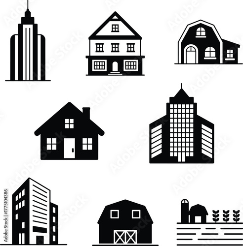Collection of modern house and building silhouettes, black and white architecture icons, urban and rural structures, real estate, and farm design