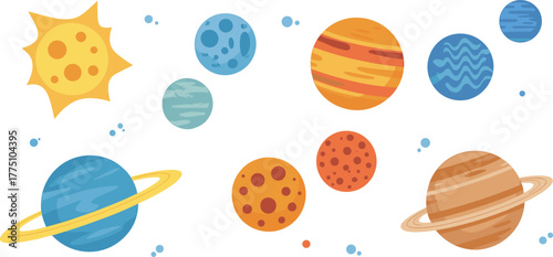 Colorful cartoon illustration of solar system planets and sun, educational space vector for kids learning astronomy and science background