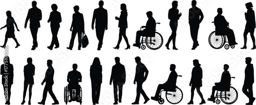 Diverse group of people silhouettes, walking and sitting in wheelchairs, inclusion and accessibility concept, teamwork, business community diversity illustration