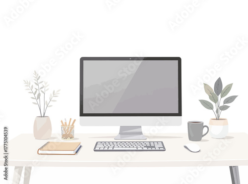 A bright, modern desk setup featuring a computer monitor, keyboard, mouse, and various desk accessories