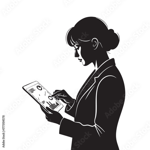 Businesswoman Silhouette Interacting with Digital Tablet Displaying Charts and Graphs Professional Female Executive Analyzing Data on Mobile Device Work Analytics Vector Illustration