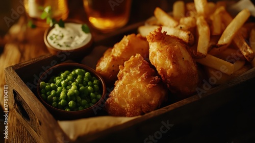 Close up shot of British Fish and Chips served on wooden tray