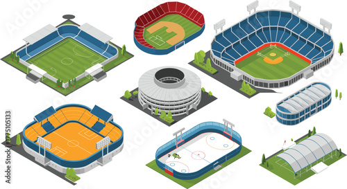 Isometric 3D sports stadium icon set with football, baseball, basketball, hockey, and arena buildings, modern architecture vector illustration