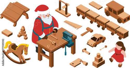 Isometric 3D illustration of Santa Claus making wooden toys in workshop, Christmas crafting, holiday preparation, festive design scene