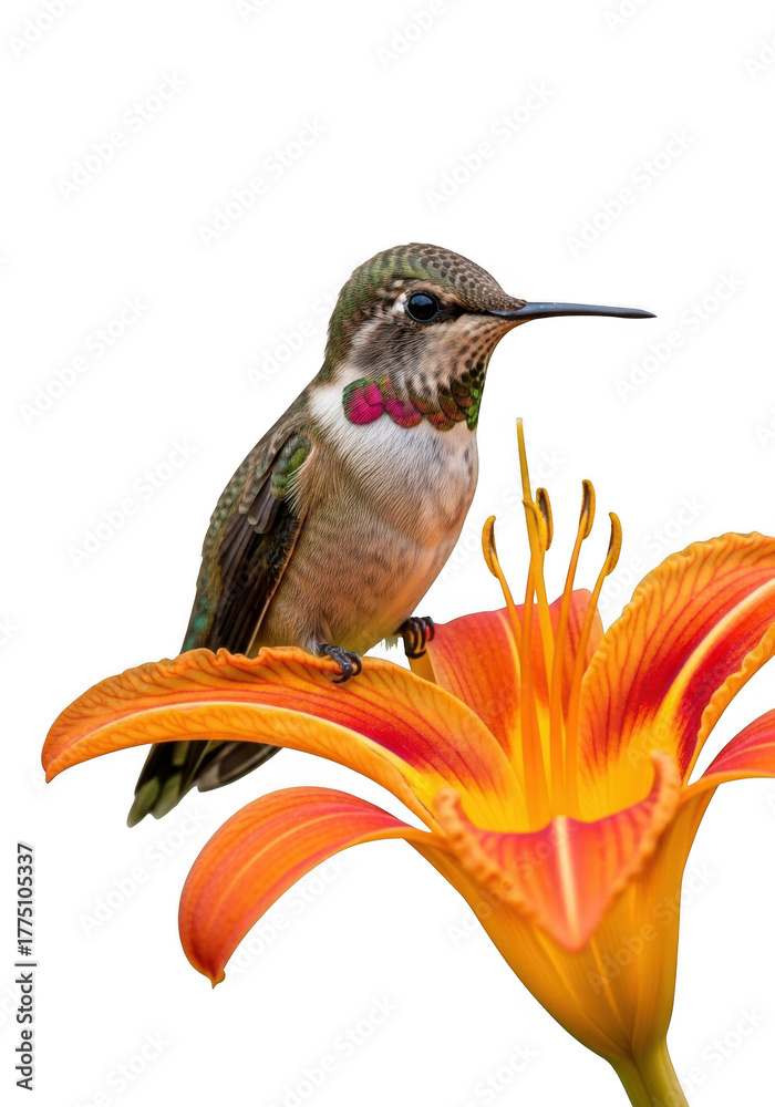 Fototapeta premium Rufous hummingbird perched on orange lily flower, bird photography, wildlife, nature, garden, floral, isolated on transparent background